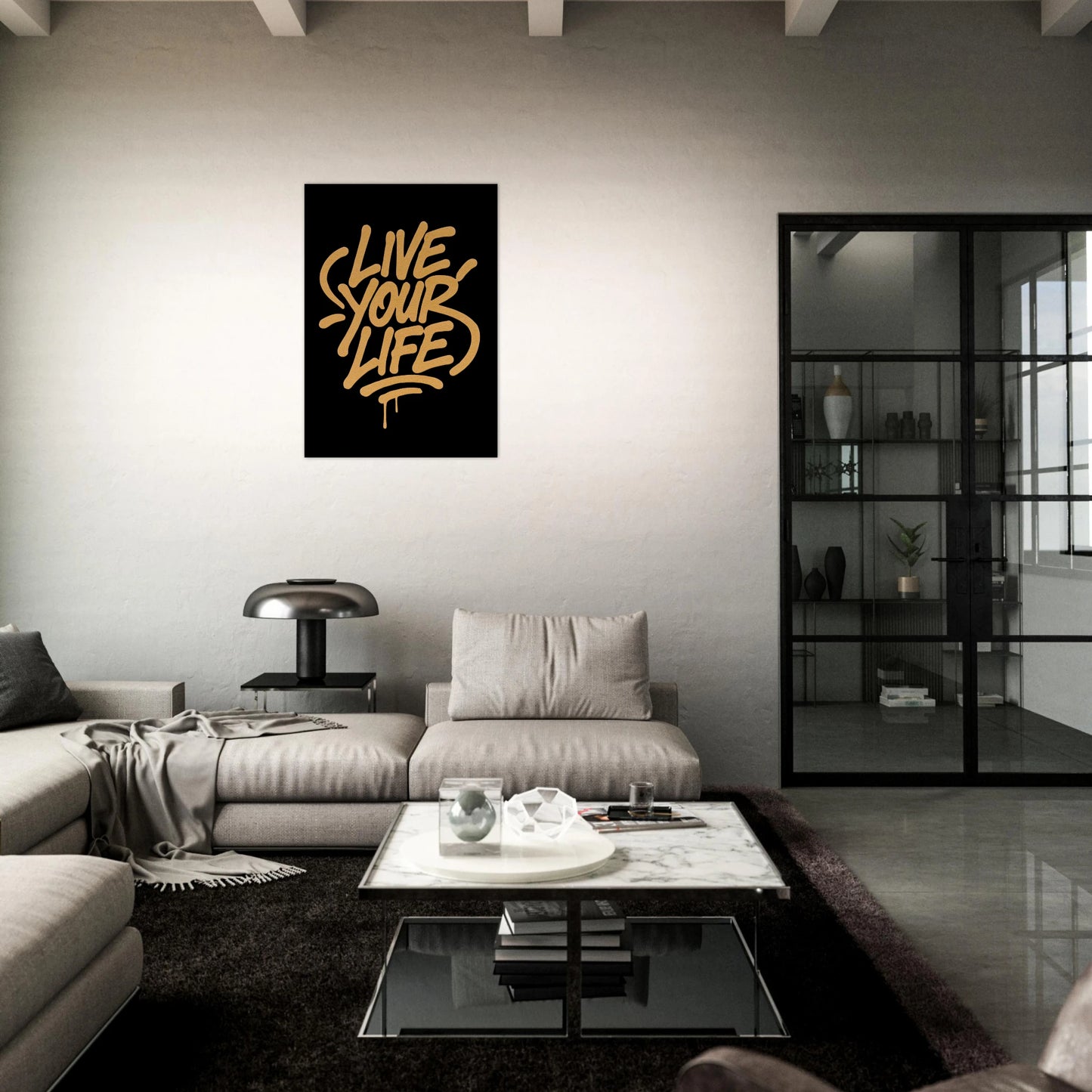 Live Your Life poster – bold gold street art wall decor in stylish modern living room