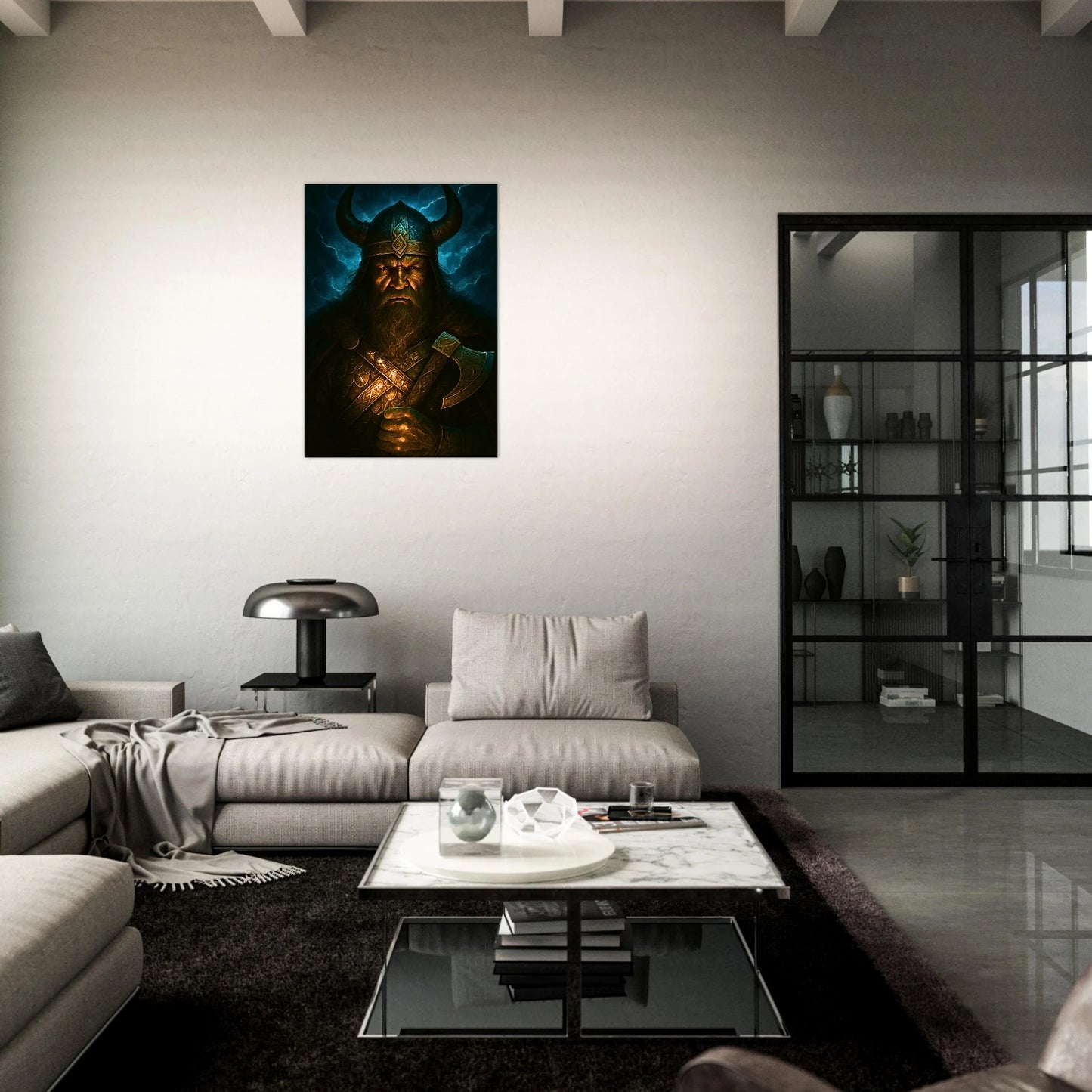 Norse Viking warrior fantasy art poster in stylish dark living room, dramatic wall decor