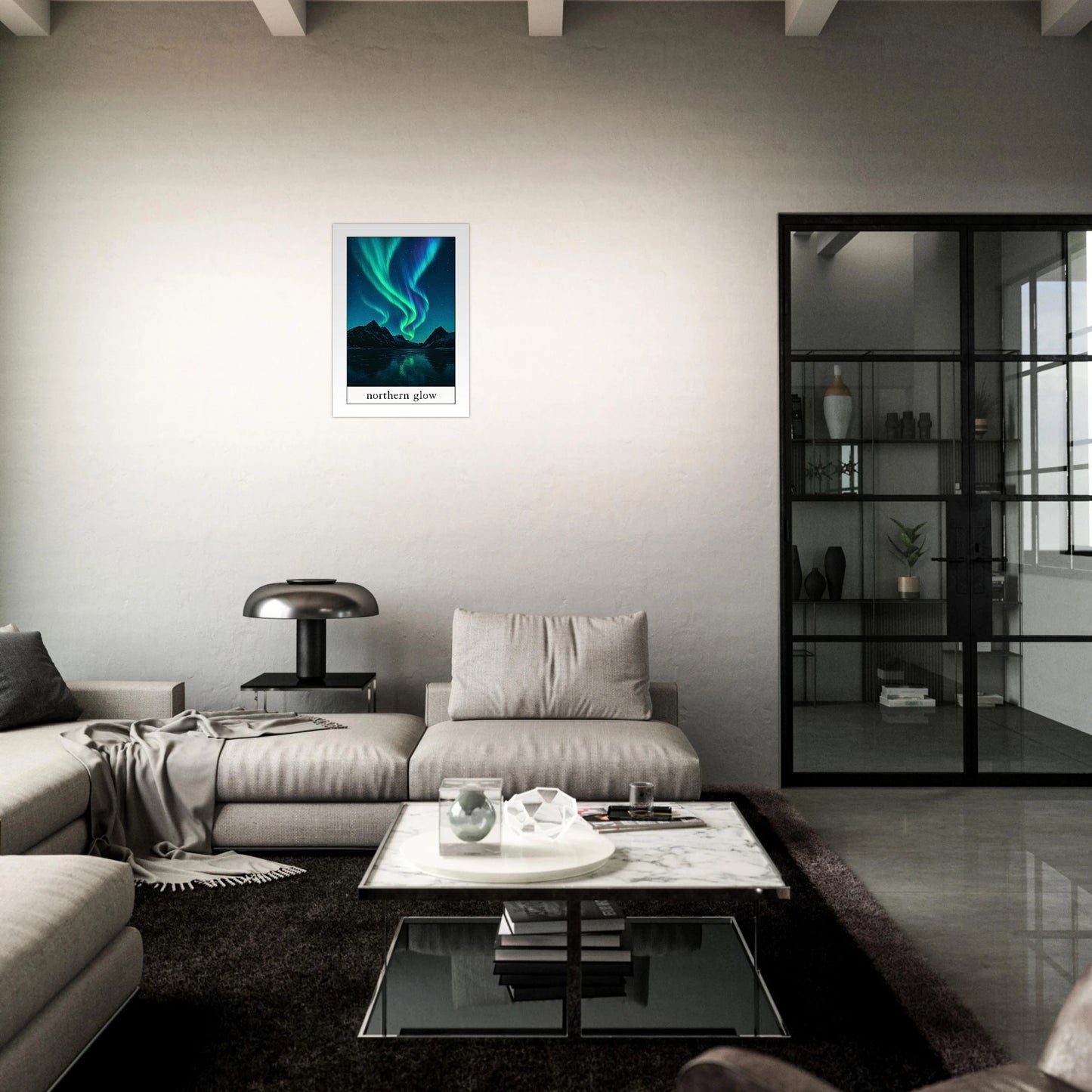 Poster „Northern Glow“ in A4, A3, A2 und A1 – Premium-Wandkunst mit Nordlichtern und Bergpanorama.