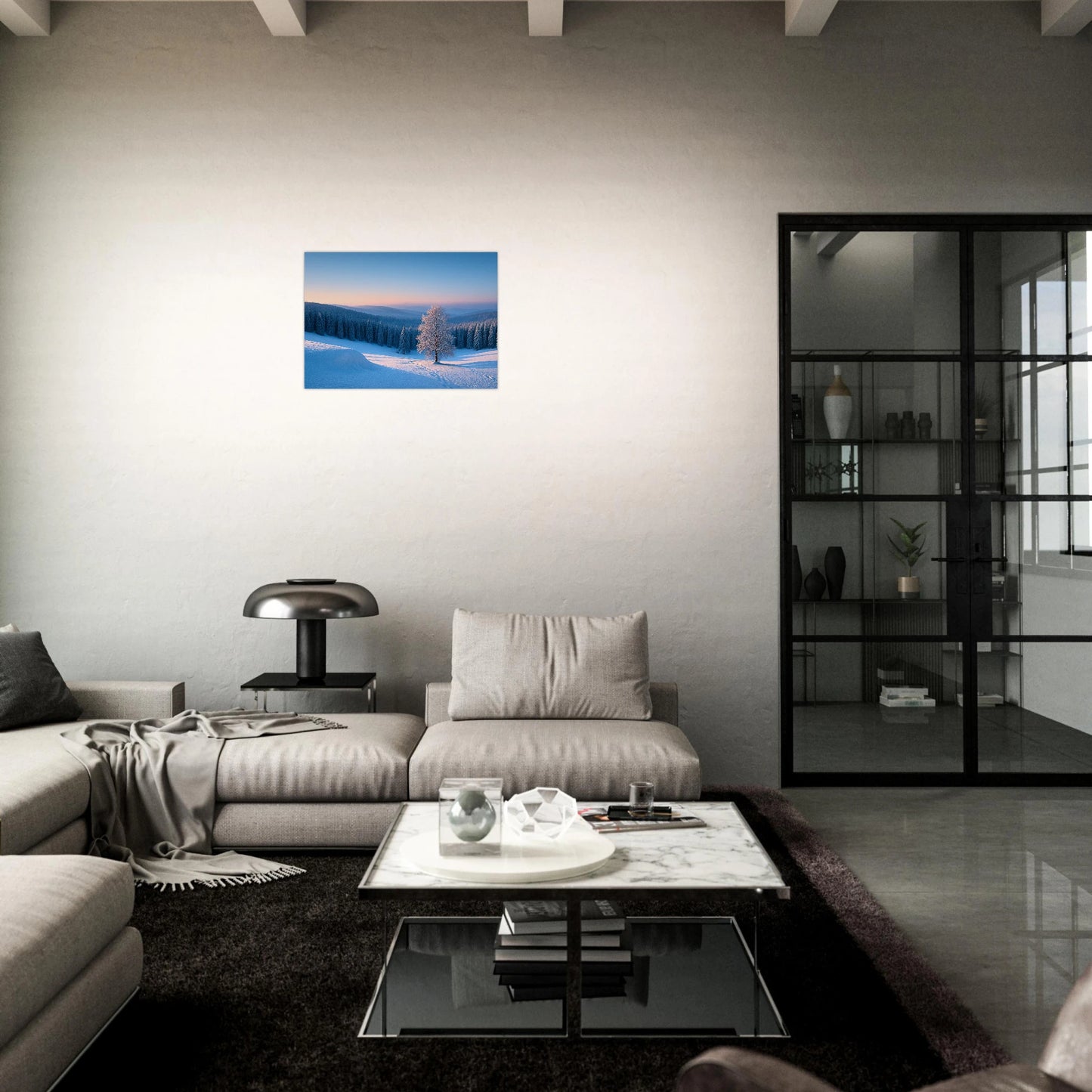 Winter Serenity winter poster in gallery-style display – premium snowy landscape wall art with soft light.
