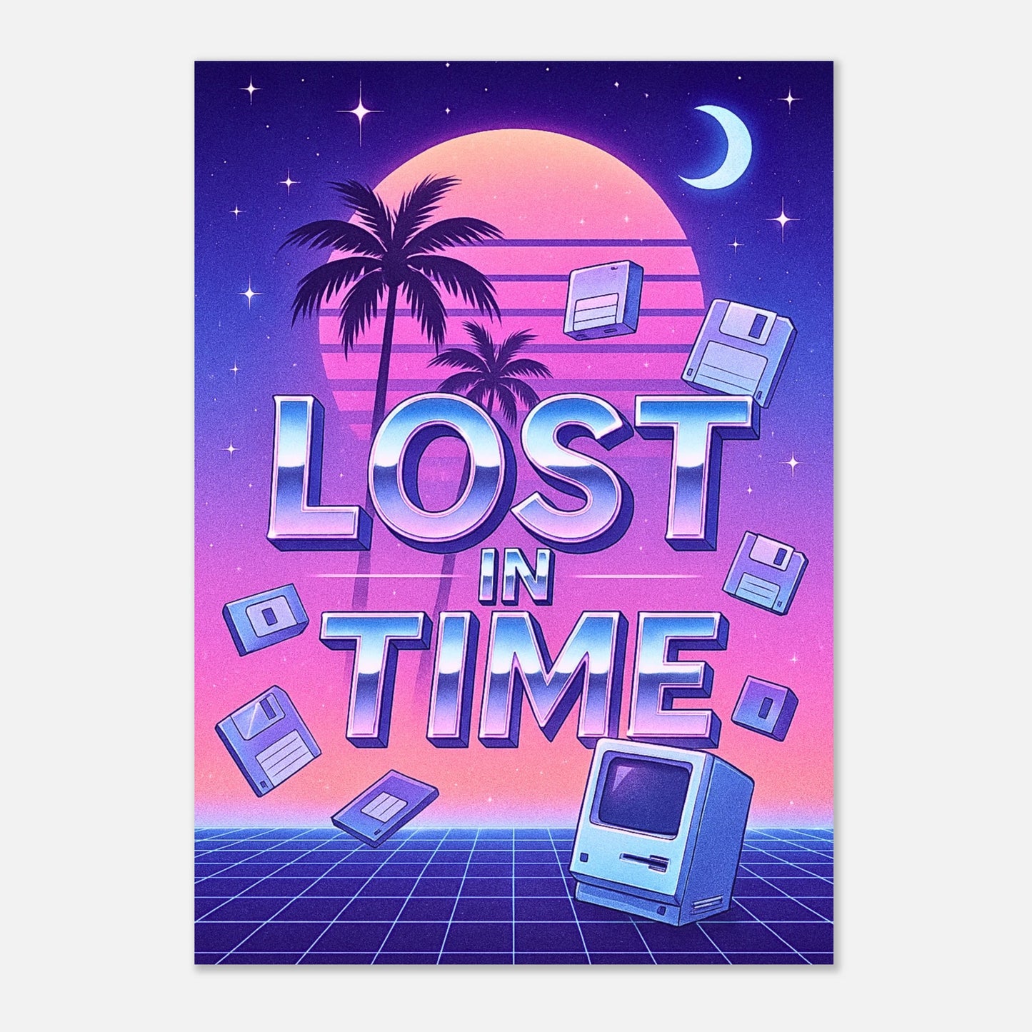 80s inspired vaporwave wall art – Lost in Time poster with neon sunset, floppy disks and retro tech