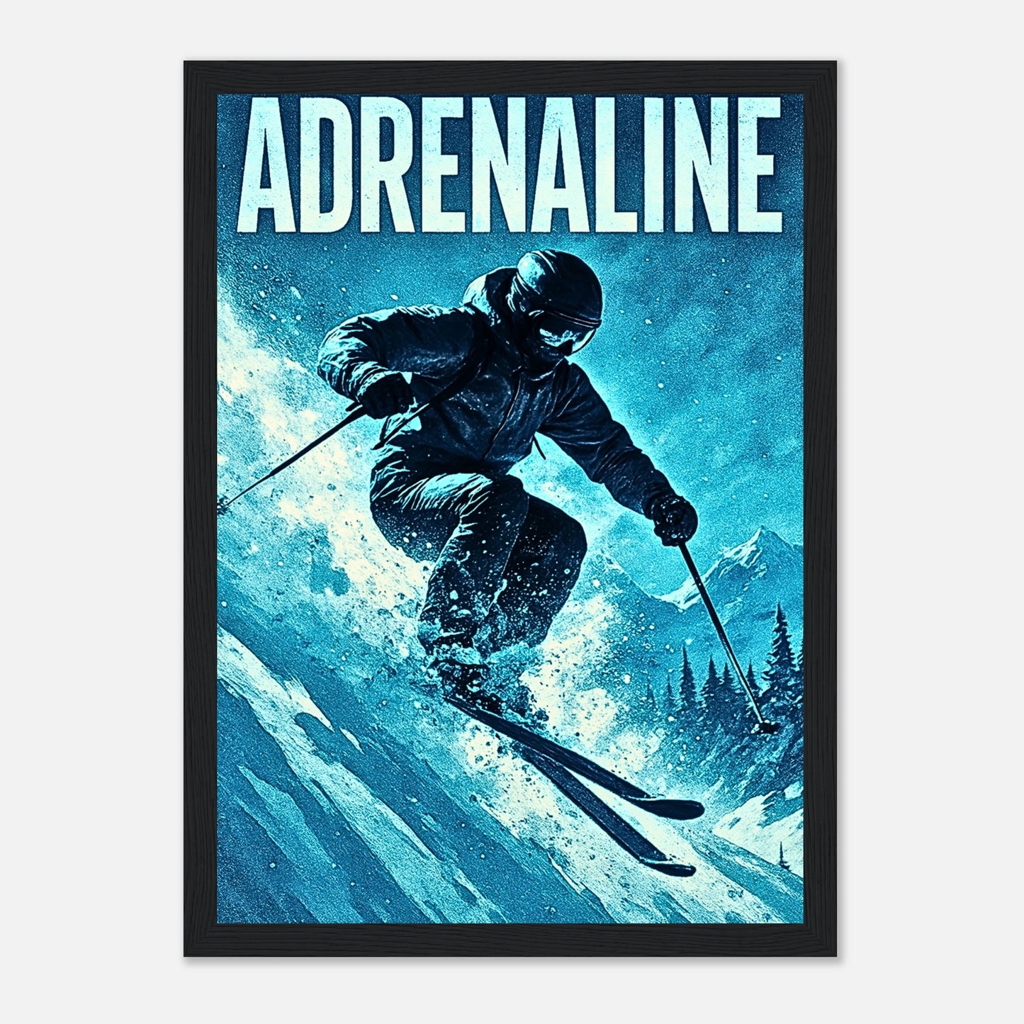 Ski Poster „Adrenaline Rush“ mit schwarzem Rahmen – modernes Wintersport Kunstwerk als stilvolle Wanddeko für Athleten und Abenteurer.