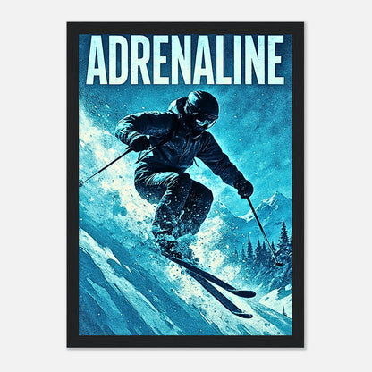 Ski Poster „Adrenaline Rush“ mit schwarzem Rahmen – modernes Wintersport Kunstwerk als stilvolle Wanddeko für Athleten und Abenteurer.