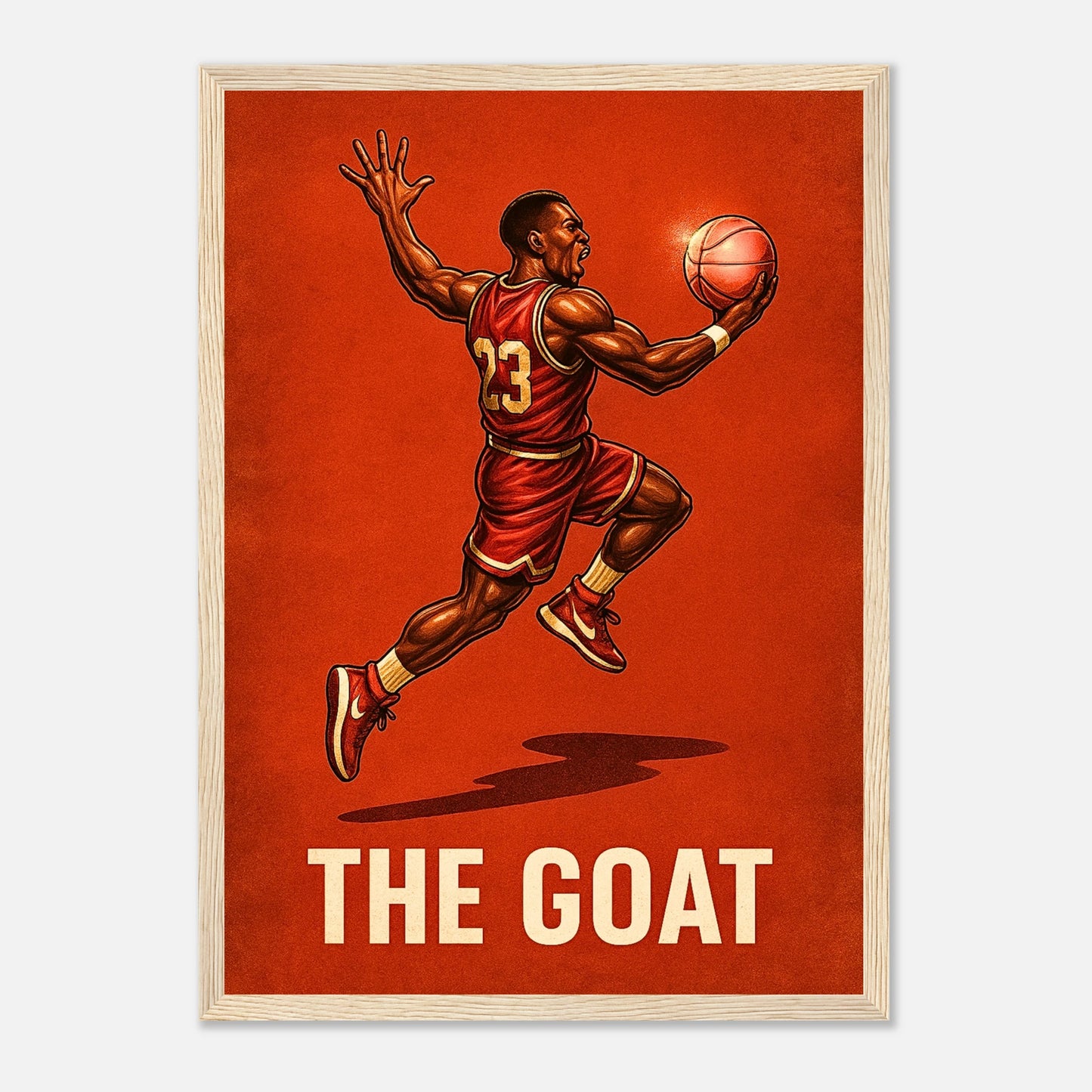 Air Legend Poster „The GOAT in Flight“ im hellen Naturholzrahmen – stilvolles Basketball Wandbild für Sportfans