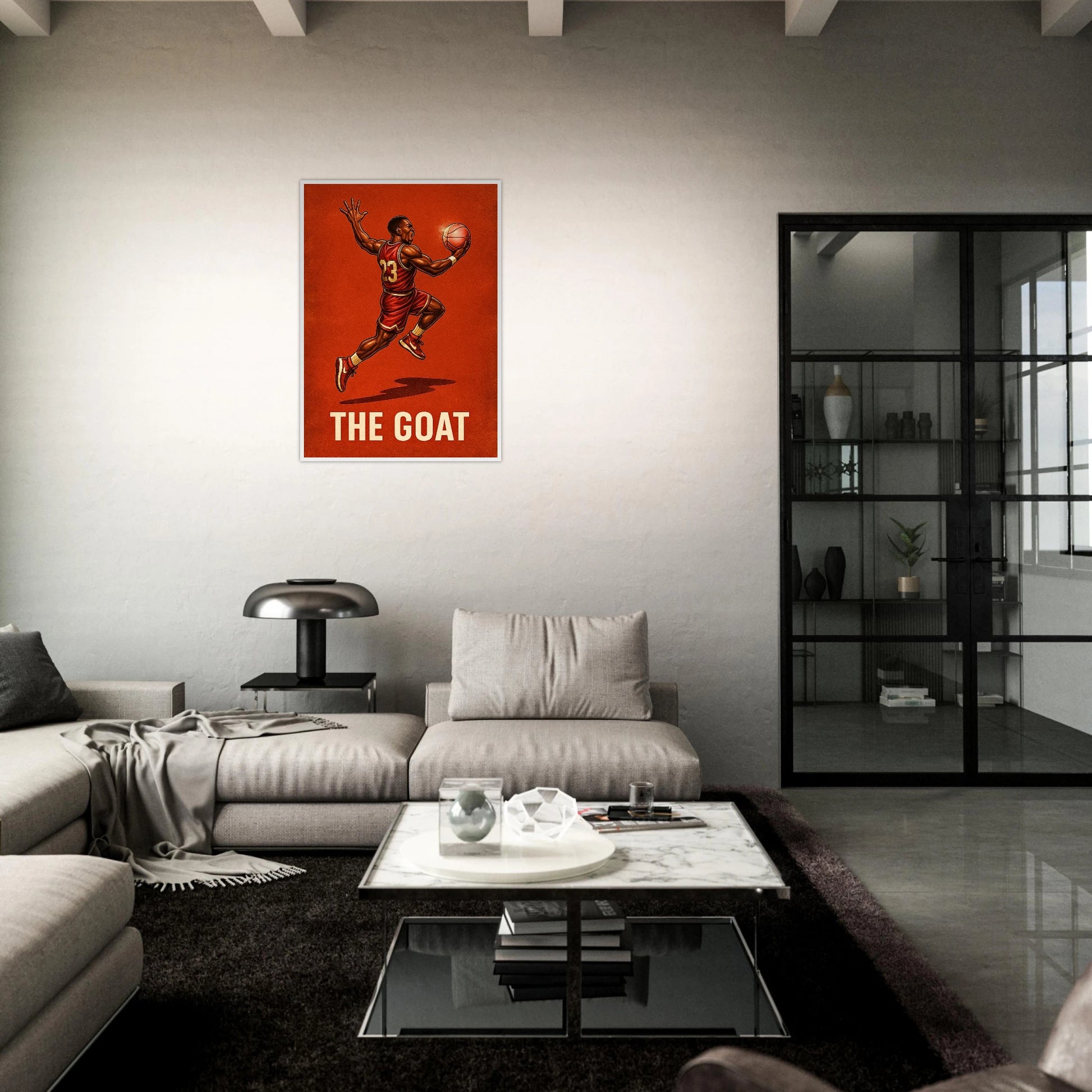 Basketball Poster „Air Legend – The GOAT in Flight“ im modernen Wohnzimmer mit dunkler Einrichtung – sportliches Wandbild