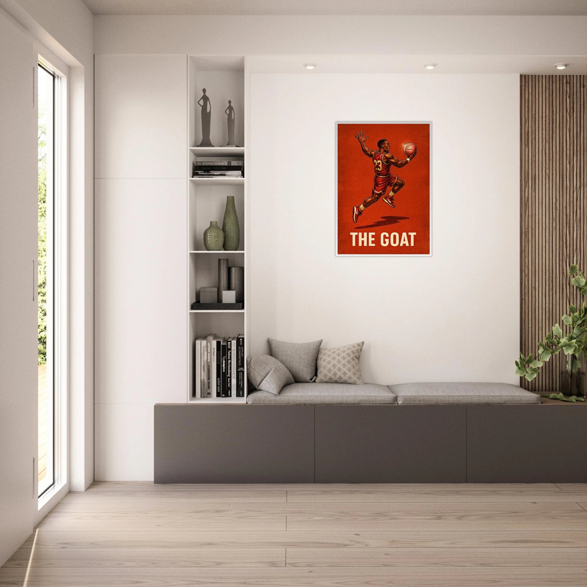 Gerahmtes Basketball Poster „Air Legend – The GOAT in Flight“ in heller Wohnzimmer Einrichtung – stilvolle Sportkunst