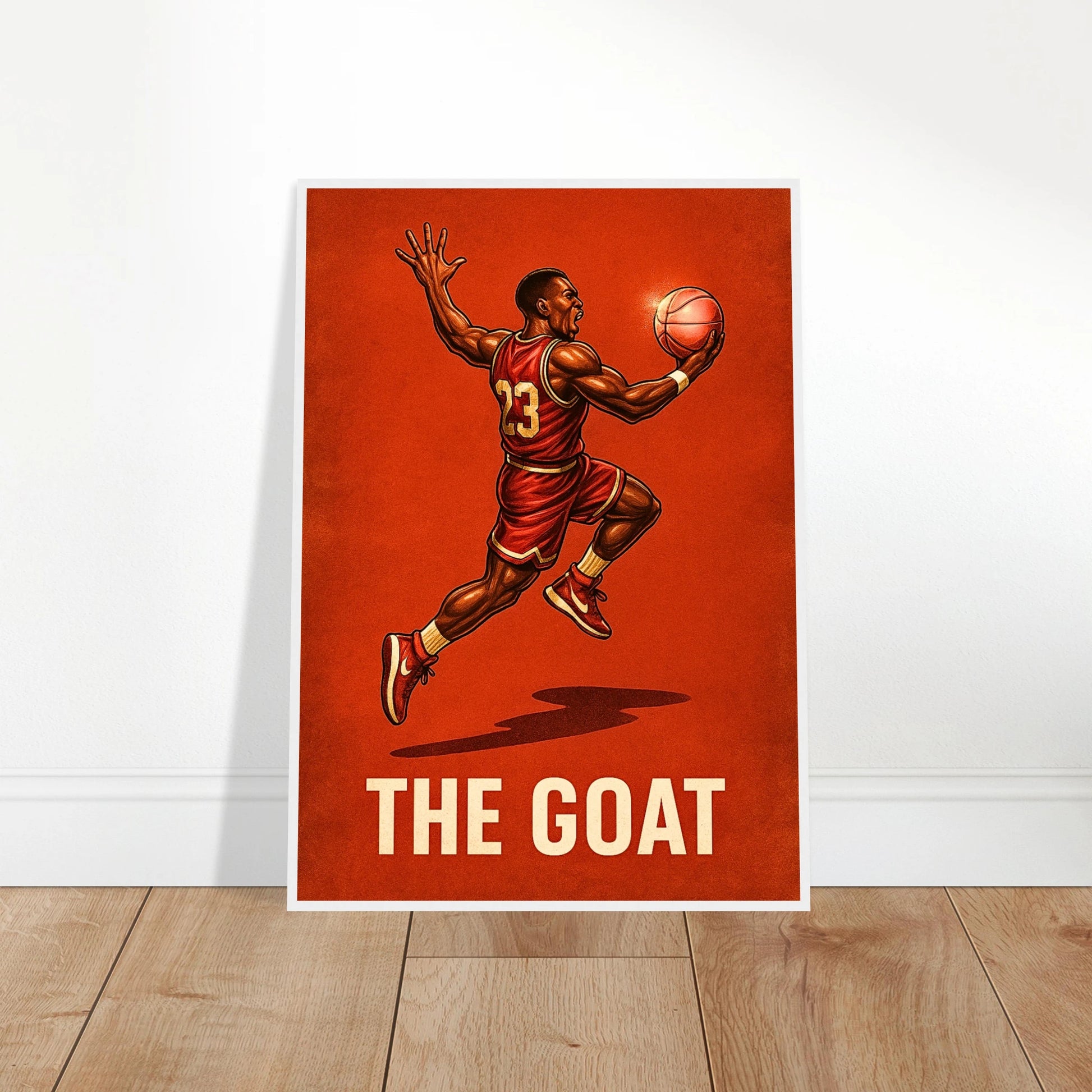 Ungerahmtes Air Legend Poster „The GOAT in Flight“ an die Wand gelehnt – sportliches Basketball Design