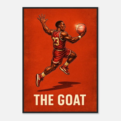 Gerahmtes Basketball Poster „Air Legend – The GOAT in Flight“ im schwarzen Holzrahmen – elegantes Sportmotiv für moderne Räume