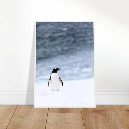 Pinguin Poster „Antarctic Stroll“ ungerahmt an die Wand gelehnt – minimalistische Tierkunst für moderne Räume