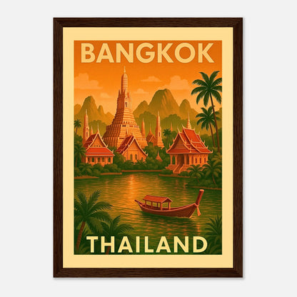 Bangkok Poster im dunkelbraunen Holzrahmen – Skyline mit goldenen Tempeln, Palmen und Fluss im Retro-Vintage-Stil als Wanddeko.