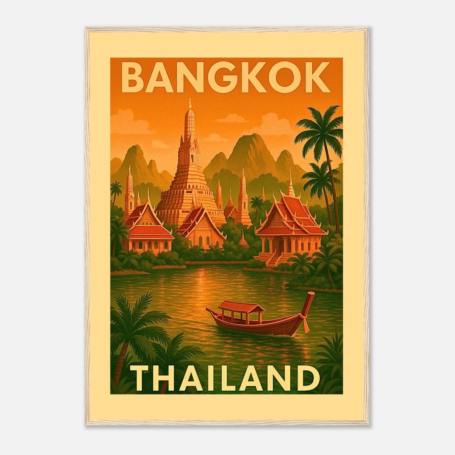 Bangkok Poster im hellbraunen Holzrahmen – dekorative Wanddeko mit Skyline, Palmen und goldenen Tempeln im Retro-Design.