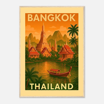 Bangkok Poster im hellbraunen Holzrahmen – dekorative Wanddeko mit Skyline, Palmen und goldenen Tempeln im Retro-Design.
