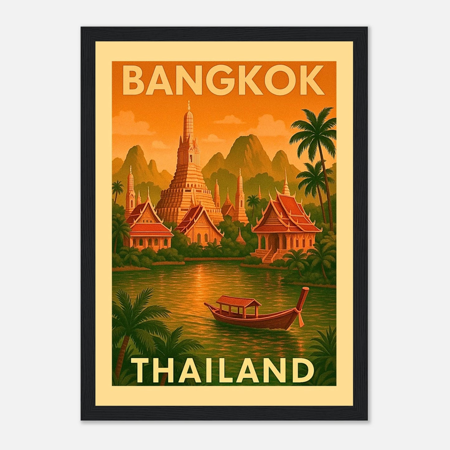 Bangkok Poster im schwarzen Holzrahmen – exotische Skyline mit Tempeln, Palmen und Flussszene im Vintage-Look für moderne Räume.