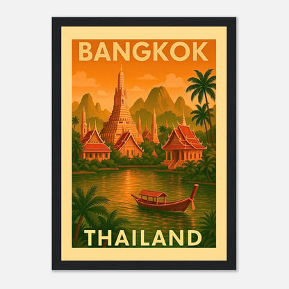 Bangkok Poster im schwarzen Holzrahmen – exotische Skyline mit Tempeln, Palmen und Flussszene im Vintage-Look für moderne Räume.