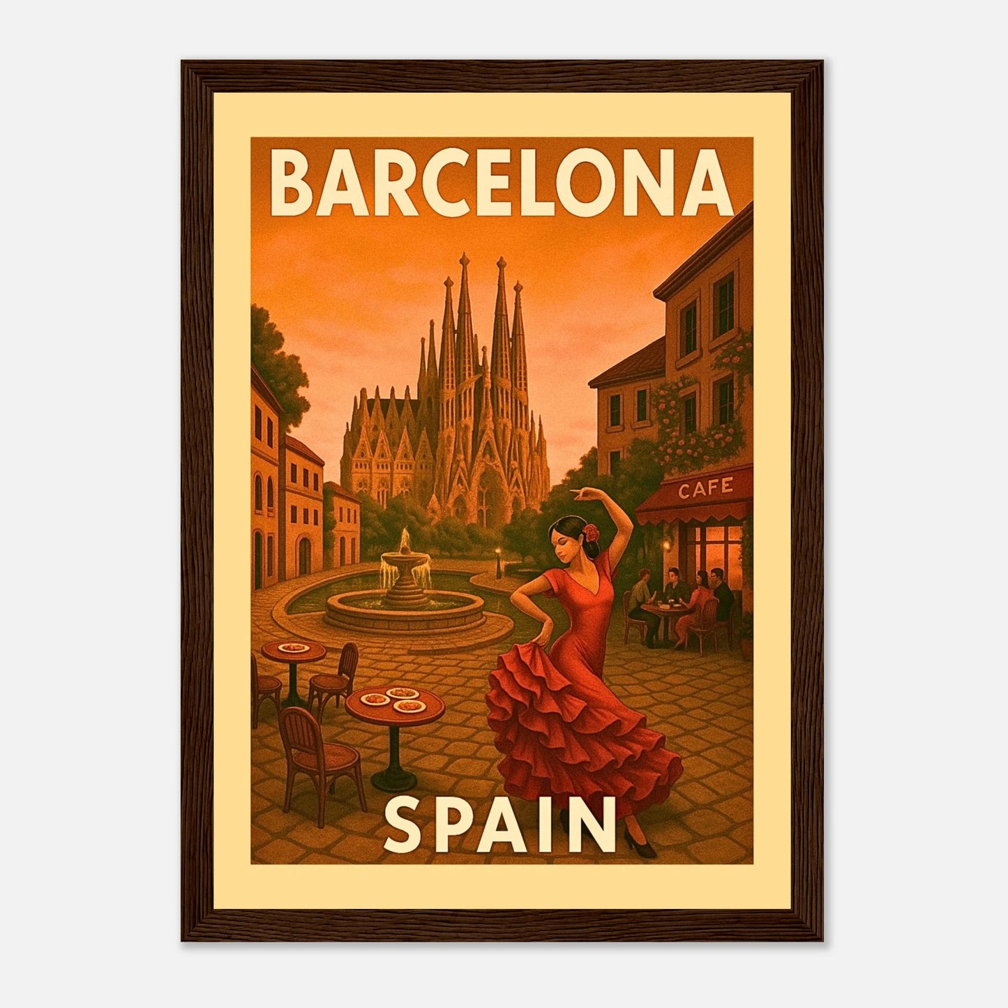 Barcelona Poster im dunkelbraunen Holzrahmen – Vintage Wandkunst mit Flamenco-Szene und spanischem Altstadt-Charme.