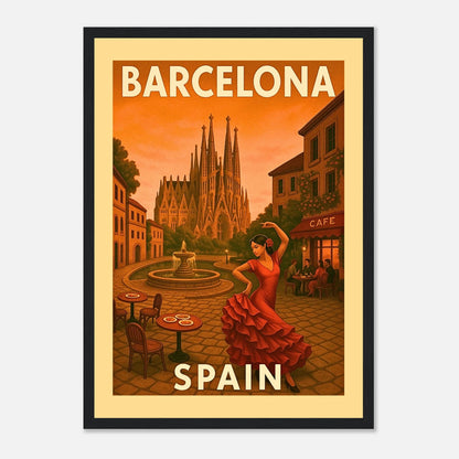 Barcelona Poster im schwarzen Holzrahmen – dekoratives Wandbild im Retro-Stil mit Flamenco, Cafés und spanischer Architektur.