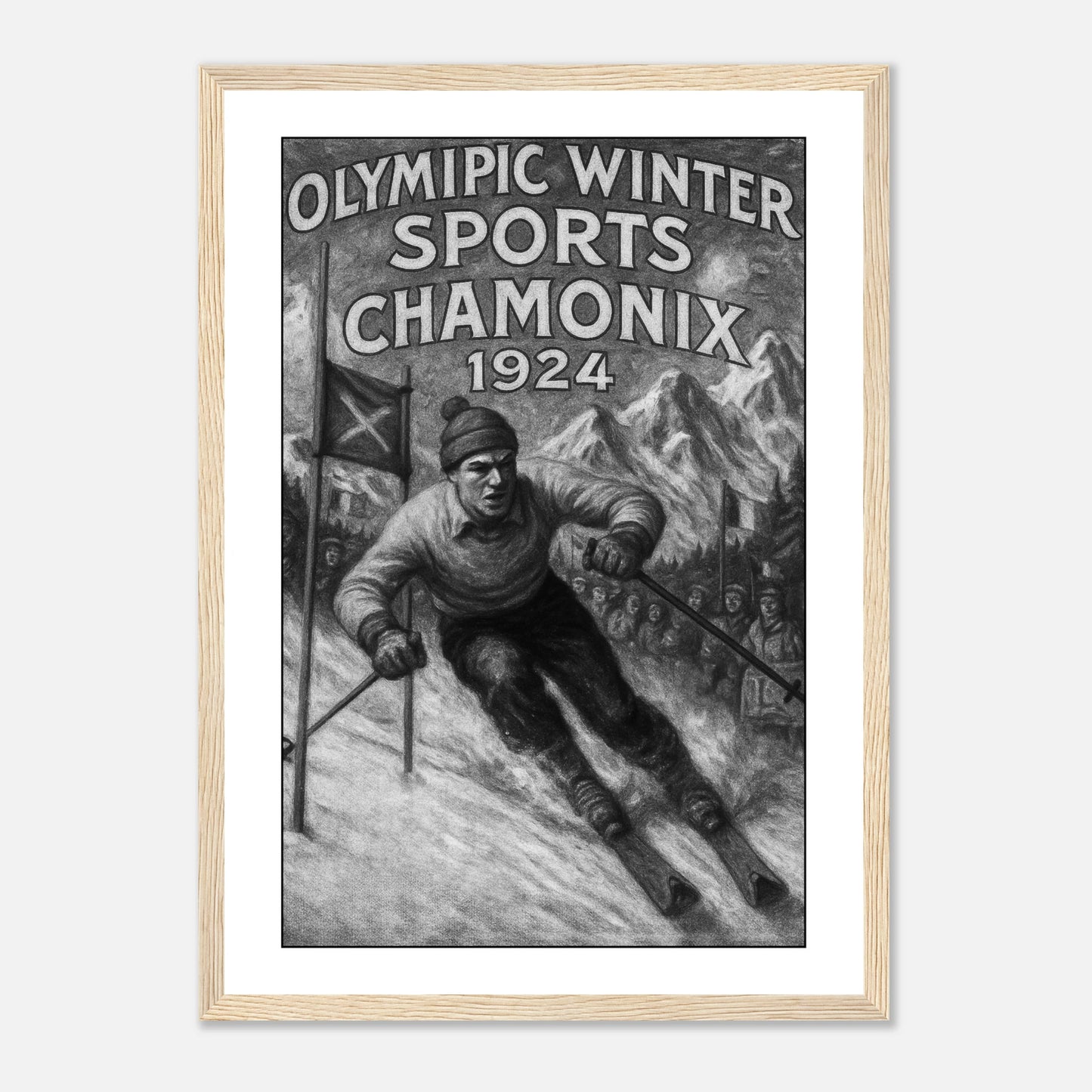 „Chamonix 1924 – Birth of the Winter Games“ Poster im hellbraunen Holzrahmen – dekorative Olympia Kunst mit historischem Wintersport Motiv.