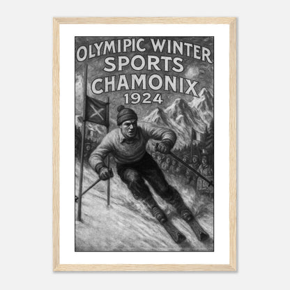 „Chamonix 1924 – Birth of the Winter Games“ Poster im hellbraunen Holzrahmen – dekorative Olympia Kunst mit historischem Wintersport Motiv.