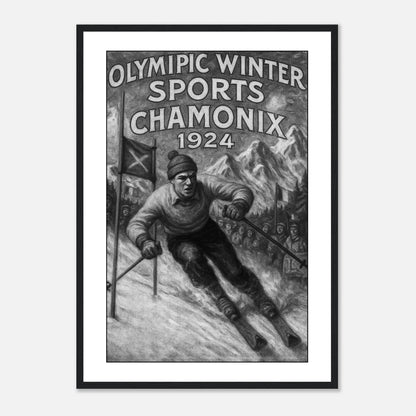 Vintage Poster „Chamonix 1924 – Birth of the Winter Games“ im schwarzen Rahmen – elegante Olympia Kunst als hochwertige Wanddekoration.