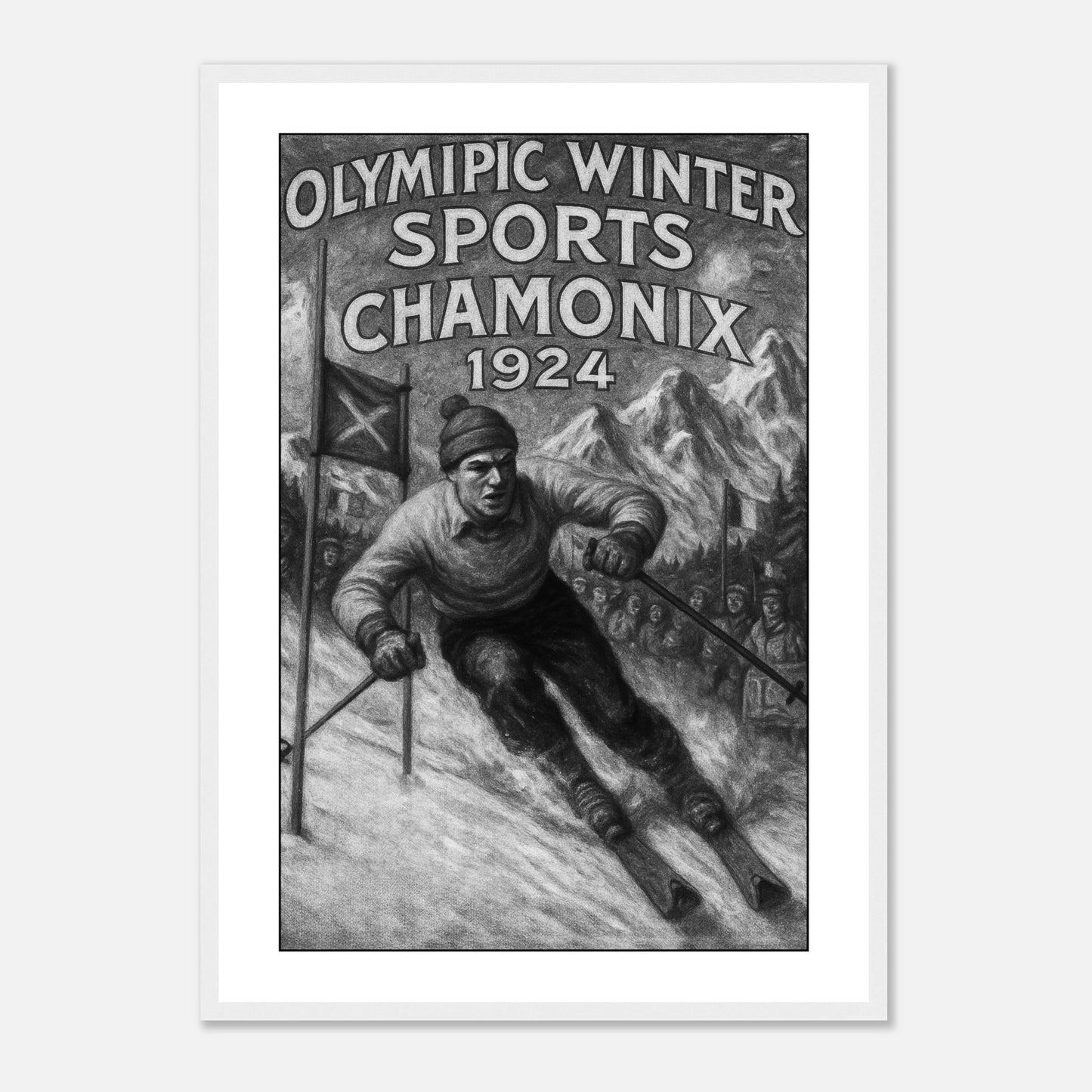 Poster „Chamonix 1924 – Birth of the Winter Games“ im weißen Rahmen – stilvolles Olympia Wandbild für Wohnzimmer und Sammler.
