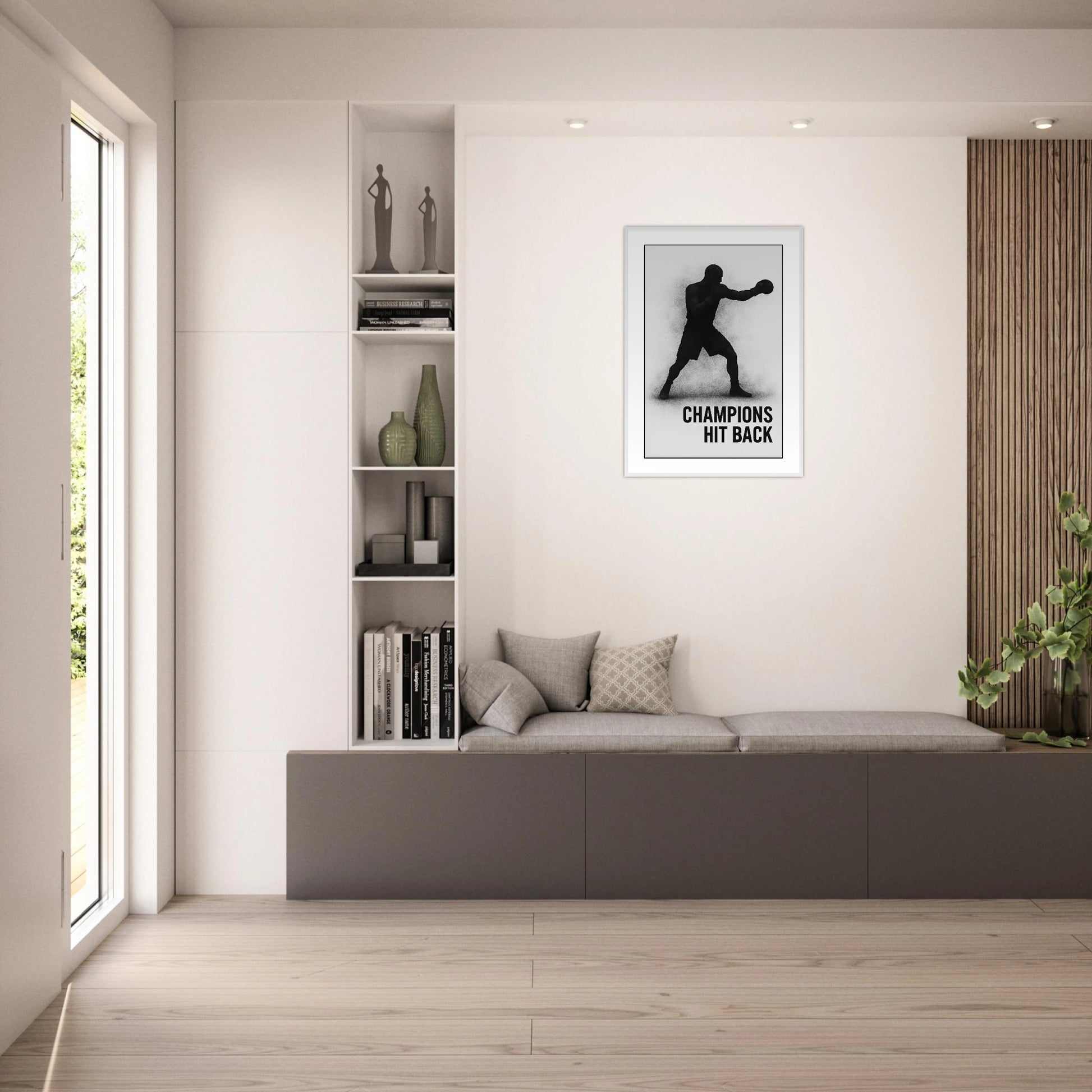 Gerahmtes „Champions Hit Back“ Poster in heller Wohnzimmer Einrichtung – moderne Sportdeko mit starker Botschaft für Motivation.