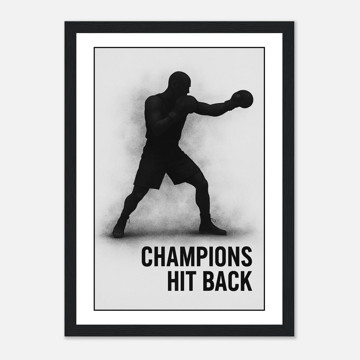„Champions Hit Back“ Poster im schwarzen Holzrahmen – elegante Boxkunst als moderne Motivationsdeko.