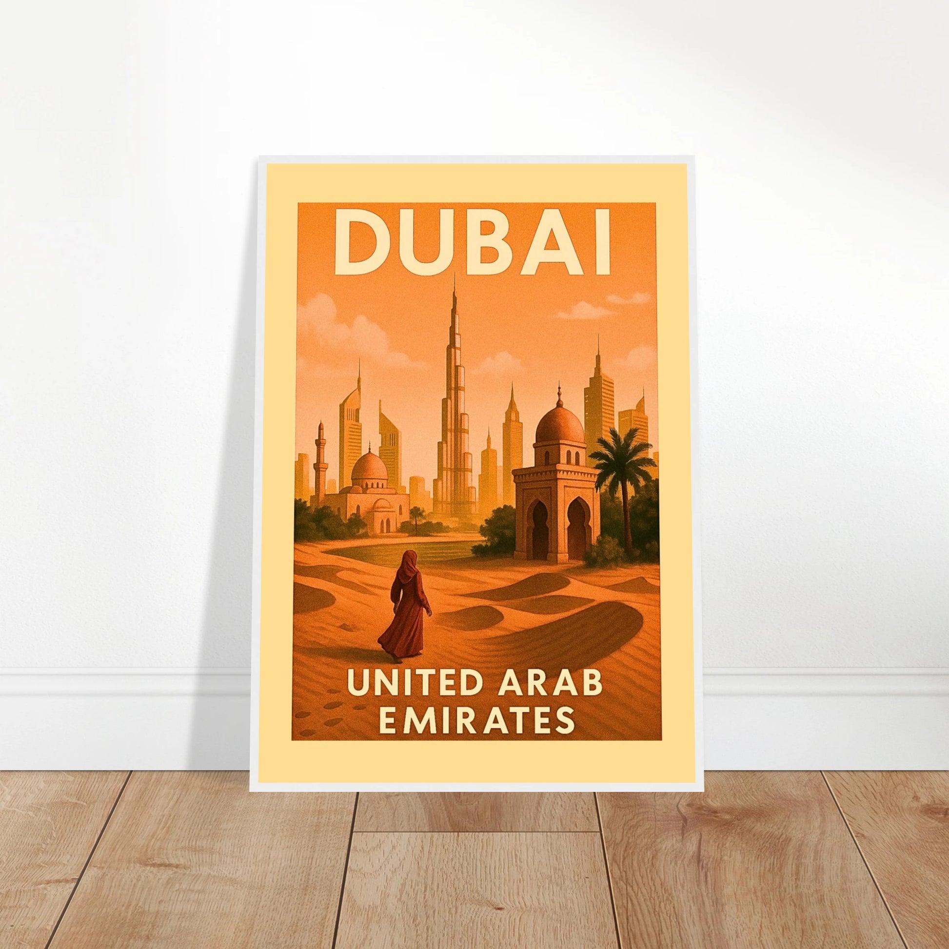 Dubai Poster im Vintage-Stil, an die Wand gelehnt – Skyline, Wüste und traditionelle Architektur als Kunstdruck.