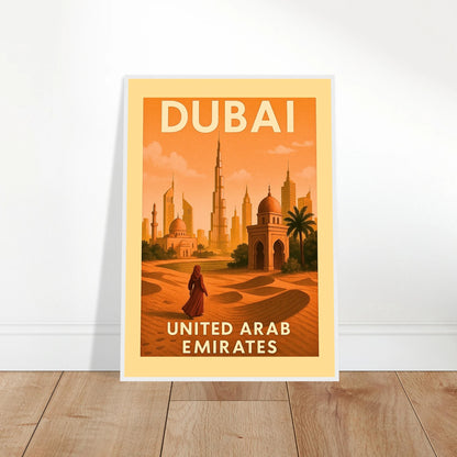 Dubai Poster im Vintage-Stil, an die Wand gelehnt – Skyline, Wüste und traditionelle Architektur als Kunstdruck.