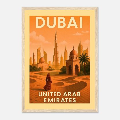 Dubai Poster im hellbraunen Holzrahmen – Vintage Skyline mit Wüste und orientalischer Architektur als stilvolle Wanddekoration.