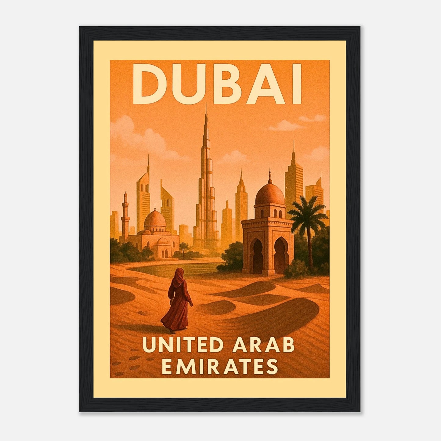 Dubai Poster im schwarzen Holzrahmen – Wüstenlandschaft und Skyline Dubais im Vintage-Stil für moderne Wohnräume.