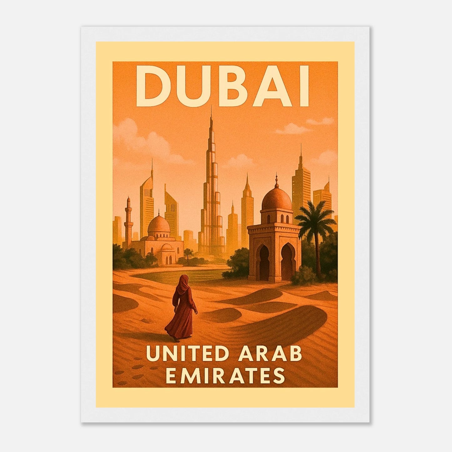 Dubai Poster im weißen Holzrahmen – stilvolle Wandkunst mit Skyline und orientalischer Architektur im Retro-Design.