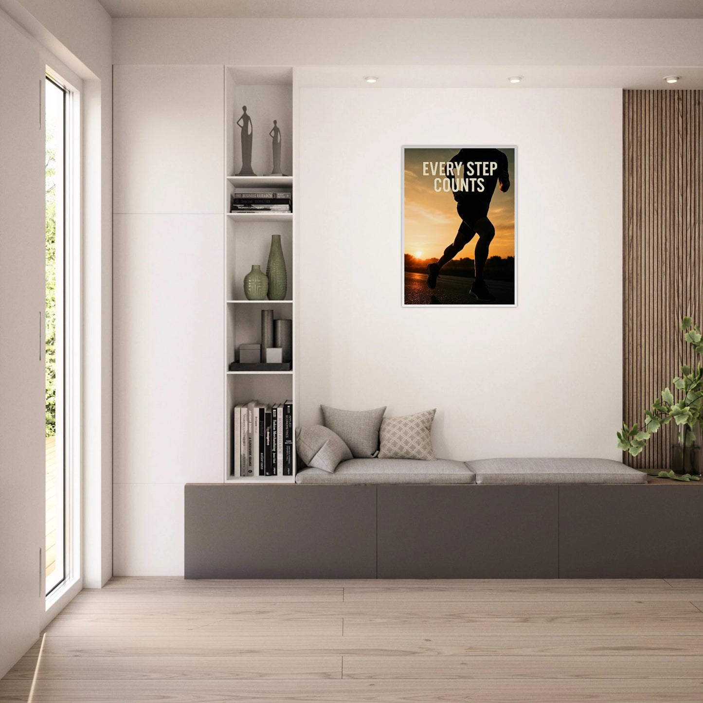 Gerahmtes „Every Step Counts“ Poster in heller Wohnzimmer-Einrichtung – stilvolle Wandkunst mit Laufmotiv.