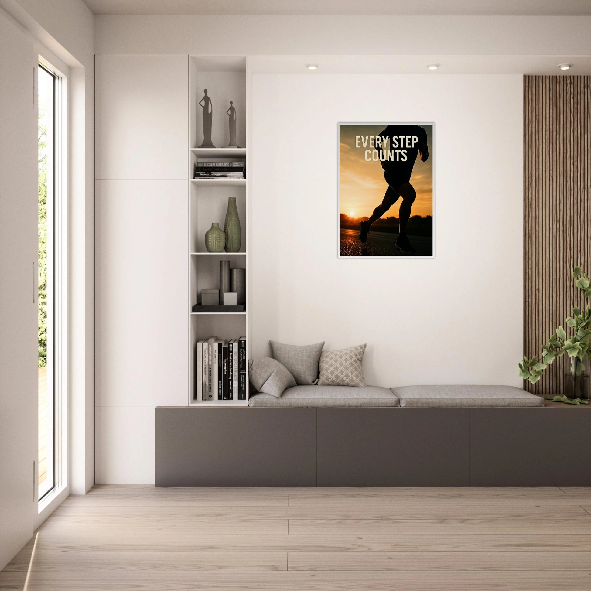Gerahmtes „Every Step Counts“ Poster in heller Wohnzimmer-Einrichtung – stilvolle Wandkunst mit Laufmotiv.