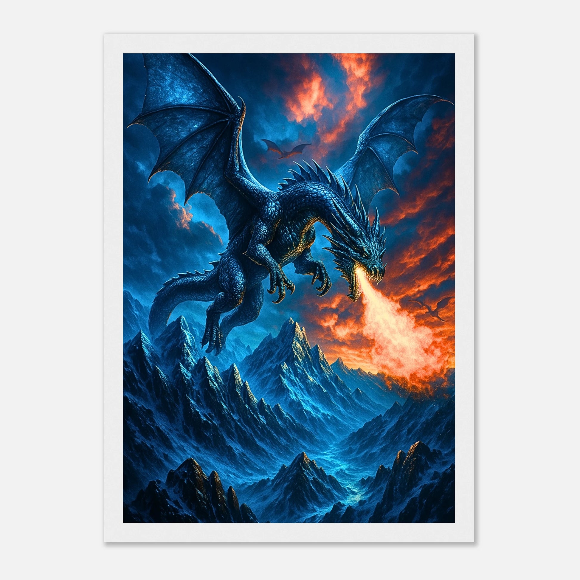 Fierce Fire Dragon Poster im weißen Rahmen – episches Fantasy-Kunstwerk eines feuerspeienden Drachens in blau-orangen Farben, perfekte Wanddekoration für Drachenfans.