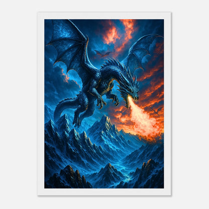 Fierce Fire Dragon Poster im weißen Rahmen – episches Fantasy-Kunstwerk eines feuerspeienden Drachens in blau-orangen Farben, perfekte Wanddekoration für Drachenfans.