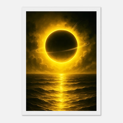 Golden Sea Poster im weißen Rahmen – goldene Sonnenfinsternis über dem Meer, leuchtende Wandkunst mit mystischem Glanz, modernes Design von Defa Designs.