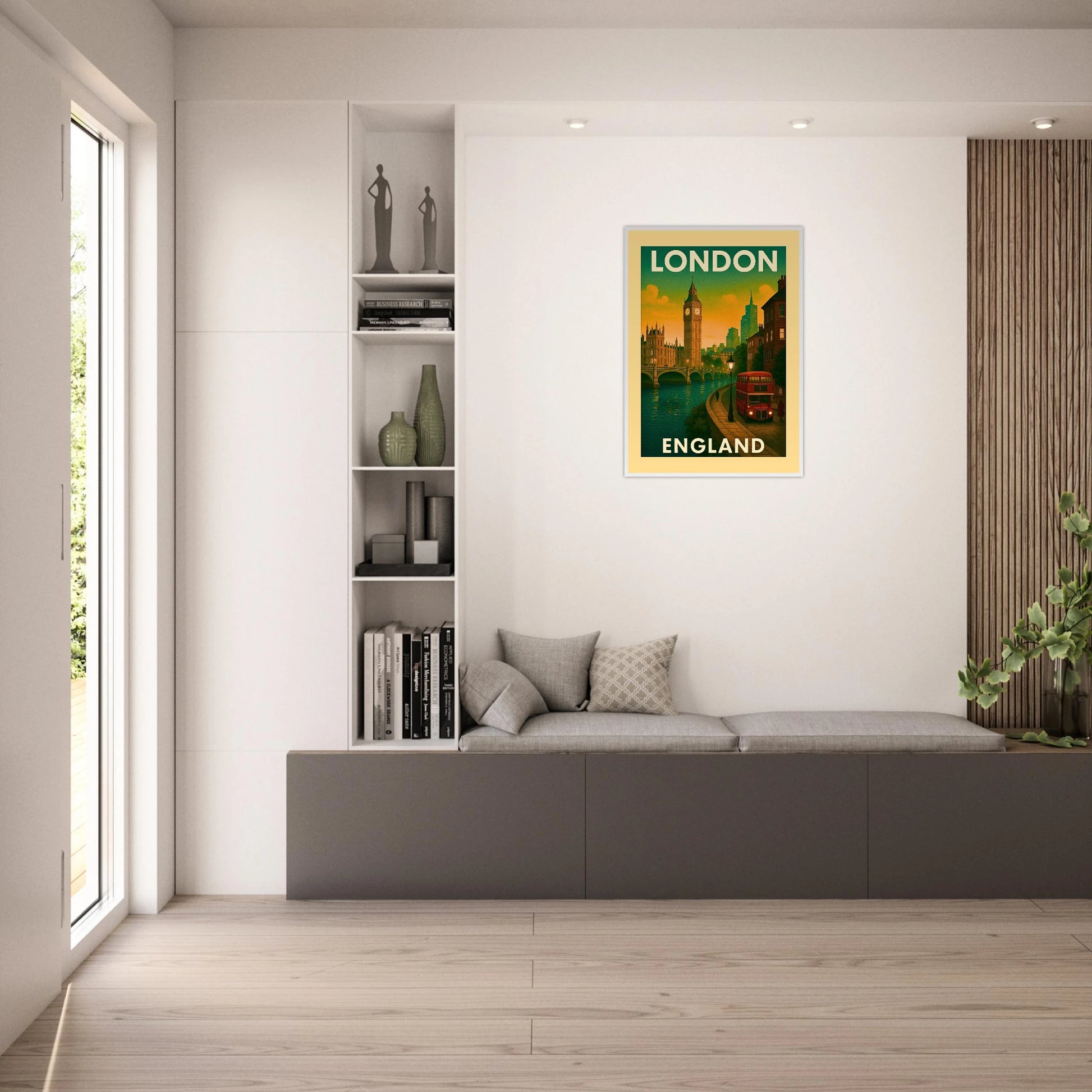 London Poster im hellen Wohnzimmer – stilvolle Vintage-Deko mit Big Ben, roten Bussen und Skyline Englands.