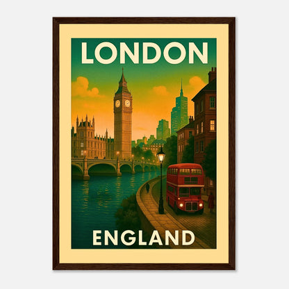 London Poster im dunkelbraunen Holzrahmen – Retro-Wandkunst mit Big Ben, roten Bussen und klassischer Skyline Englands.