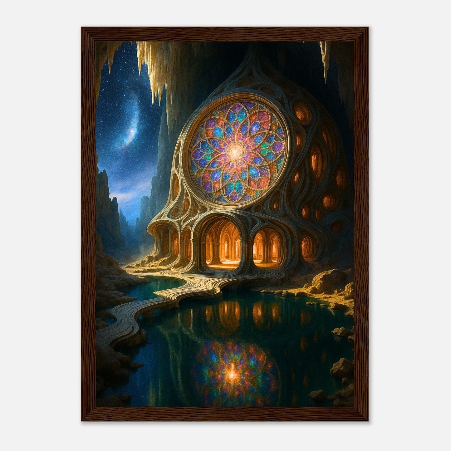 Magician House Poster im dunkelbraunen Holzrahmen – faszinierendes Fantasy-Motiv mit magischer Höhle, strahlendem Glasfenster und warmem Licht, perfekte Wanddekoration für Fantasy-Liebhaber.