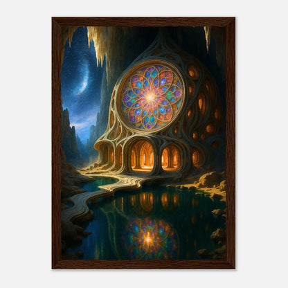 Magician House Poster im dunkelbraunen Holzrahmen – faszinierendes Fantasy-Motiv mit magischer Höhle, strahlendem Glasfenster und warmem Licht, perfekte Wanddekoration für Fantasy-Liebhaber.