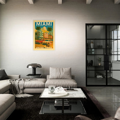 Retro Miami Poster im Esszimmer – dekoratives Stadtposter im sonnigen Art Deco Design.