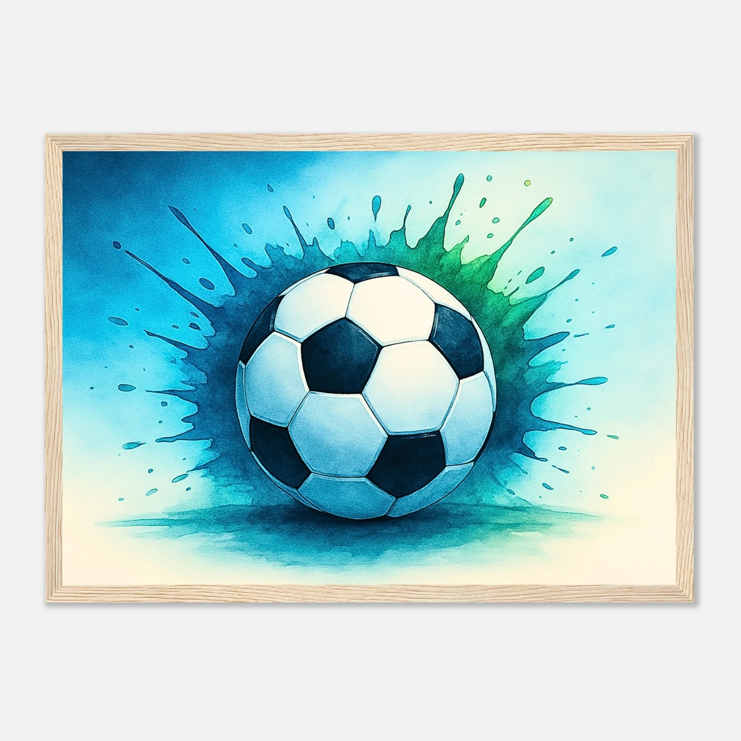 Fußball Poster „Momentum – The Heart of Soccer“ im hellbraunen Holzrahmen – moderne Sportkunst als hochwertige Wanddeko für Fans.