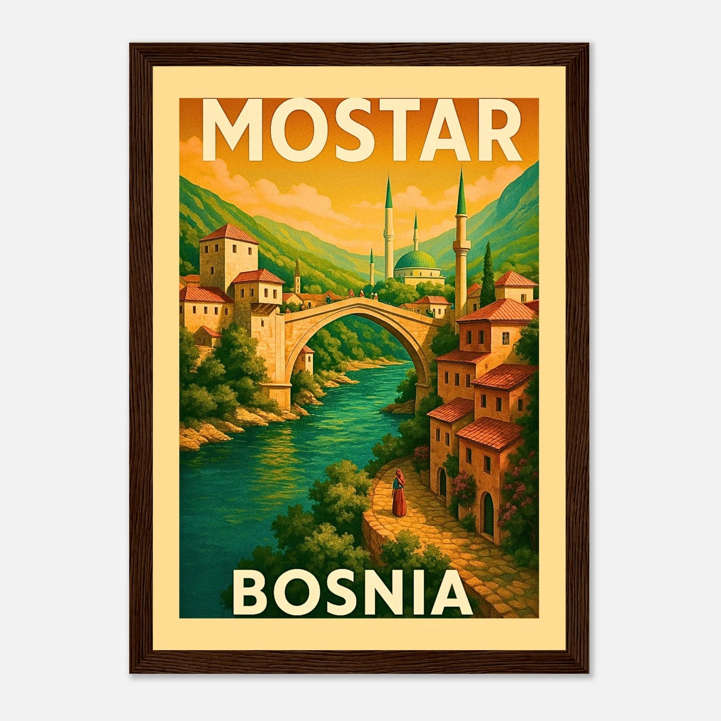 Mostar Poster im dunkelbraunen Holzrahmen – nostalgische Wanddekoration mit Steinbrücke, Fluss und historischen Gebäuden von Mostar.