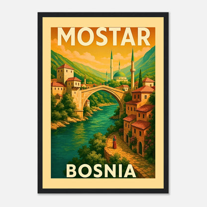 Mostar Poster im schwarzen Holzrahmen – kunstvolle Vintage-Illustration der Altstadt von Mostar mit Steinbrücke und Bergen im Hintergrund.