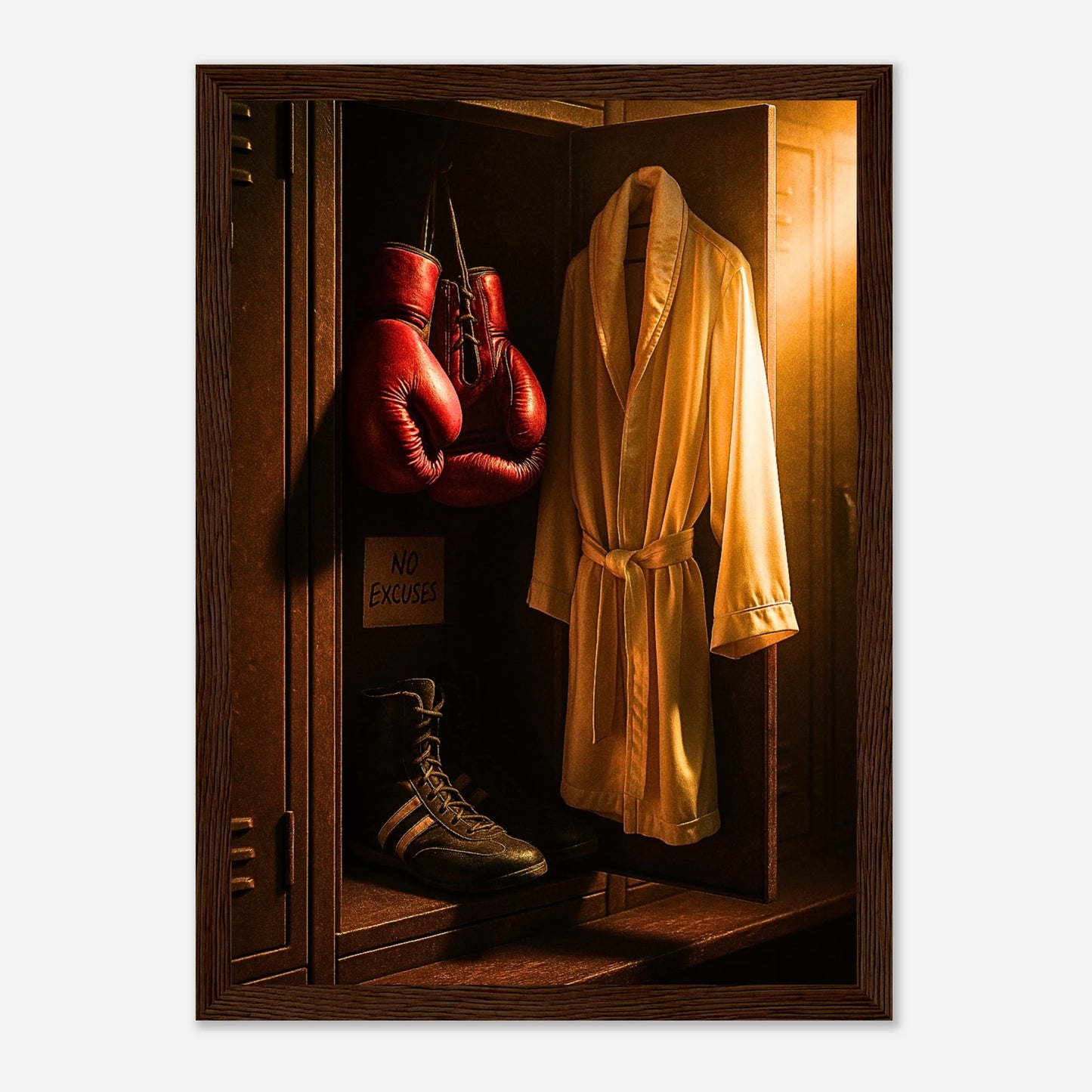 Motivationsposter „No Excuses“ im dunkelbraunen Holzrahmen – kraftvolle Fitness Wanddeko für Training, Sport und Büro.