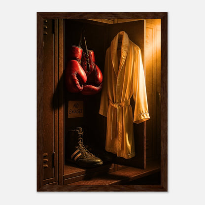 Motivationsposter „No Excuses“ im dunkelbraunen Holzrahmen – kraftvolle Fitness Wanddeko für Training, Sport und Büro.