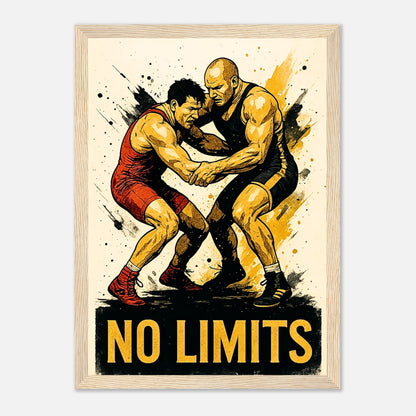 Wrestling Poster „No Limits“ im hellbraunen Holzrahmen – kraftvolle Wanddeko für Sportler, Kämpfer und Motivationsfans.