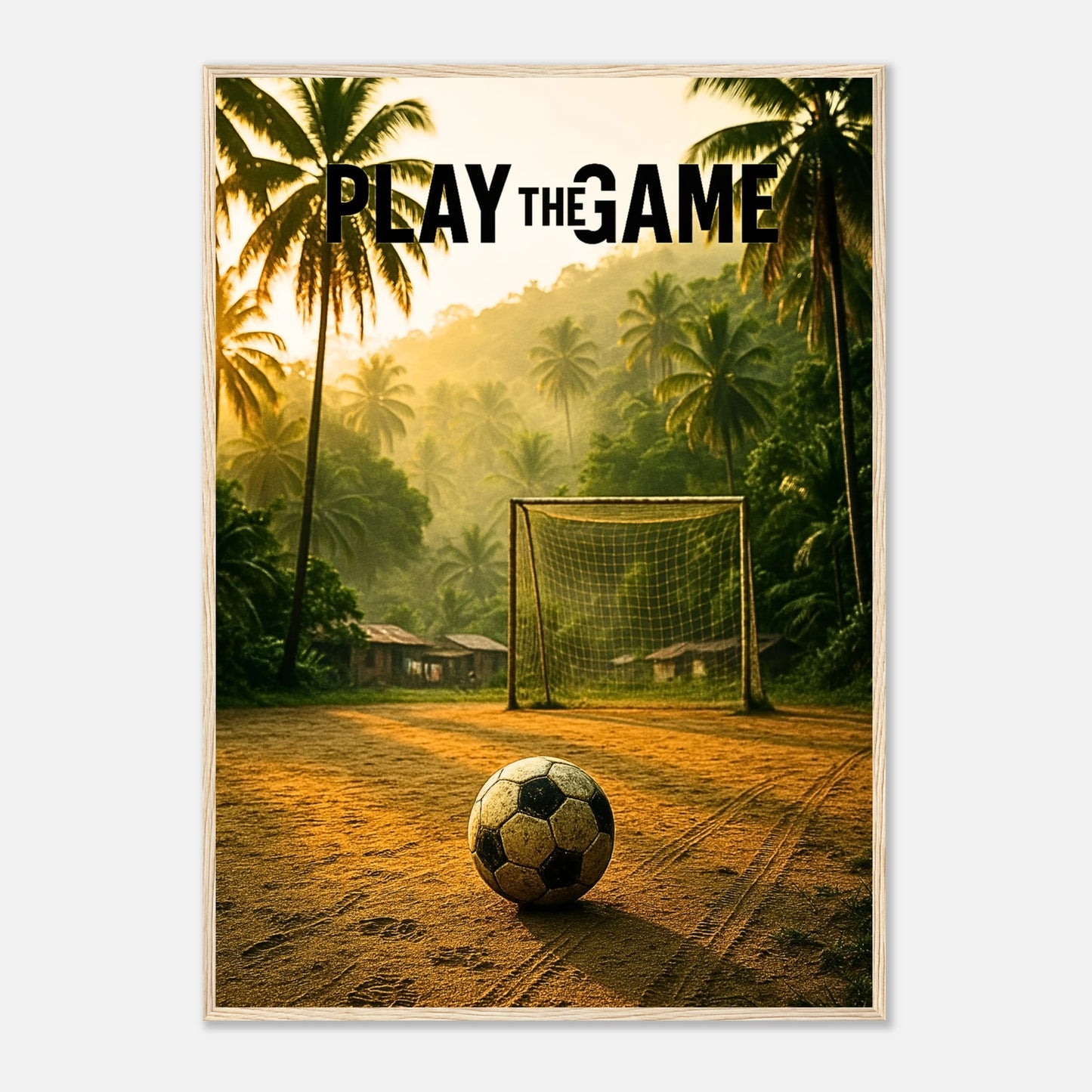 Fußball Poster „Play the Game“ im hellbraunen Holzrahmen – tropische Naturkulisse mit Ball, stilvolle Wanddekoration für Sportfans