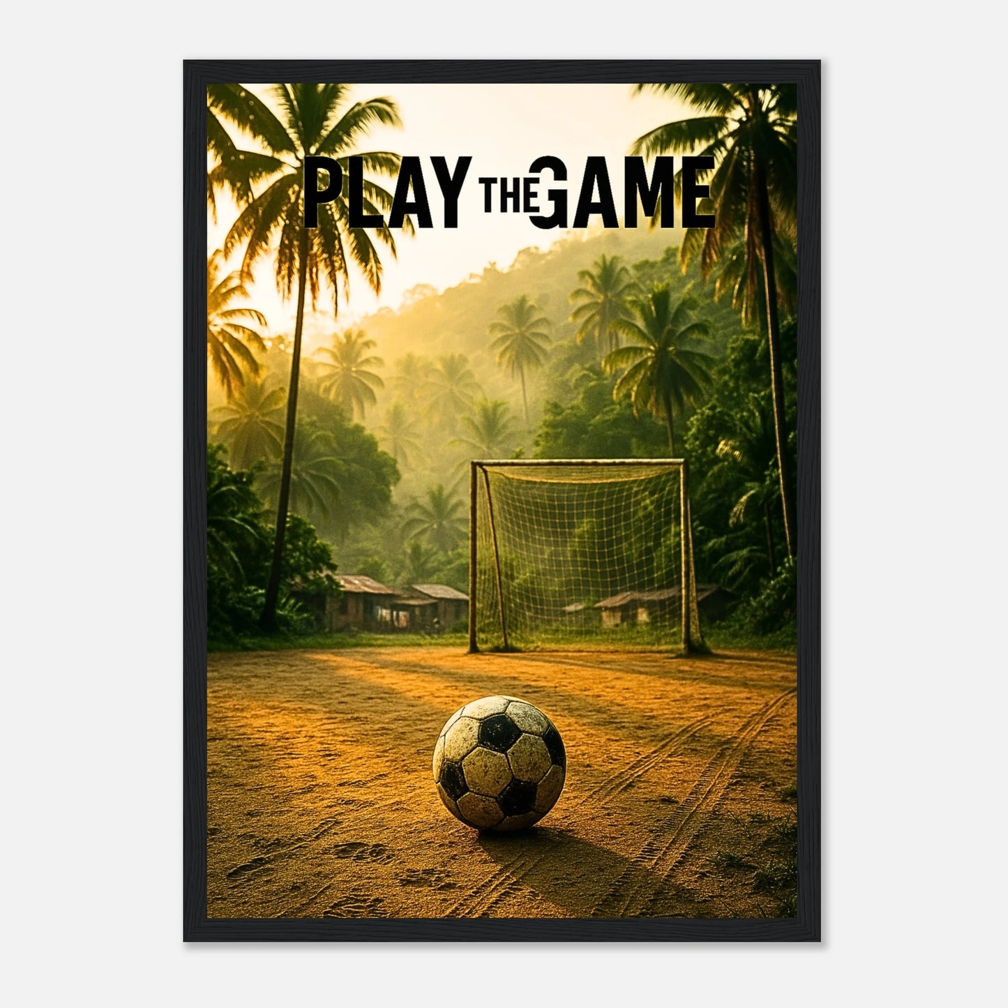 Fußball Wandbild „Play the Game“ mit schwarzem Rahmen – Sportposter mit Naturhintergrund für Wohnzimmer und Büro