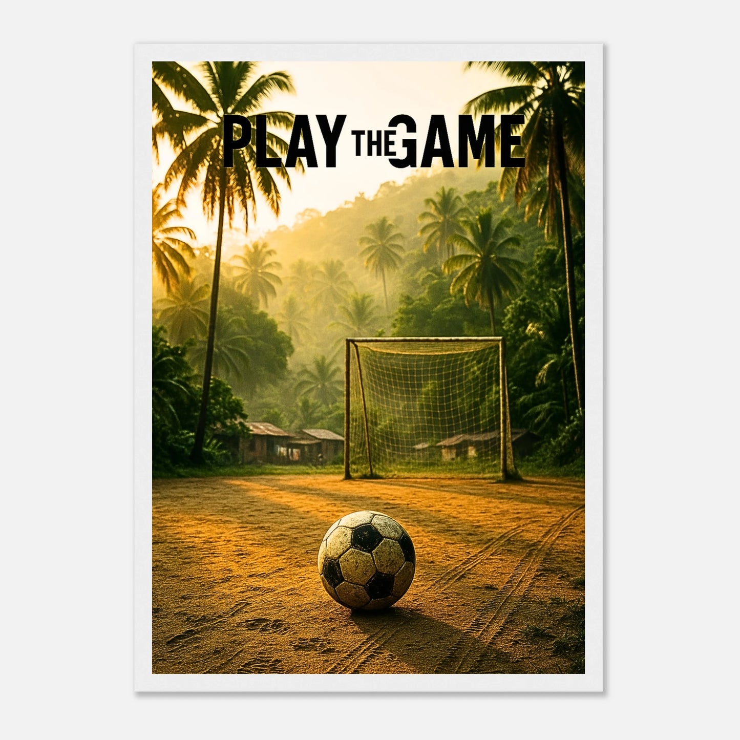 „Play the Game“ Fußball Poster mit weißem Rahmen – stilvolles Wandbild mit tropischem Naturdesign für moderne Räume